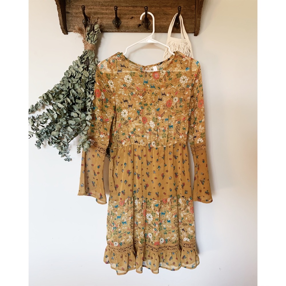 Cottagecore Forest Print Dress with Flowy Sleeves